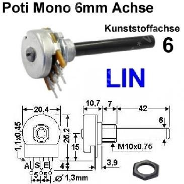 Potentiometer 100 R / 0,4 W / 6mm Achse / linear