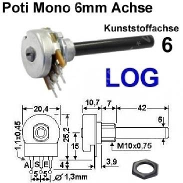Potentiometer 2,2M / 0,2 W / 6mm Achse / logarit.