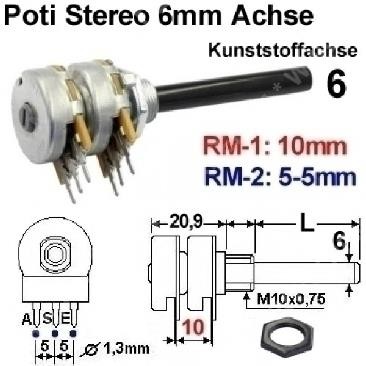 Poti 4,7 K / 2x0,2 W / 6mm Achse / log. / stereo