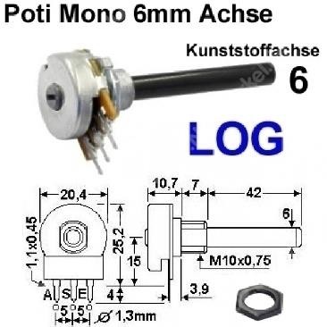 Potentiometer 1,0K / 0,2 W / 6mm Achse / logarit.