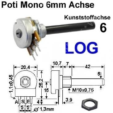 Potentiometer 100 K / 0,2 W / 6mm Achse / logarit.