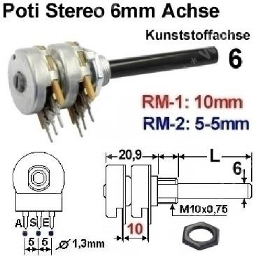 Poti 22 K / 2x0,2 W / 6mm Achse / log. / stereo