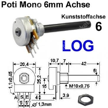 Potentiometer 10 K / 0,2 W / 6mm Achse / logarith.