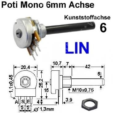 Potentiometer 220 R / 0,4 W / 6mm Achse / linear