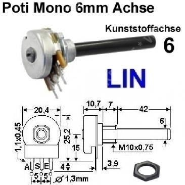 Potentiometer 470 K / 0,4 W / 6mm Achse / linear