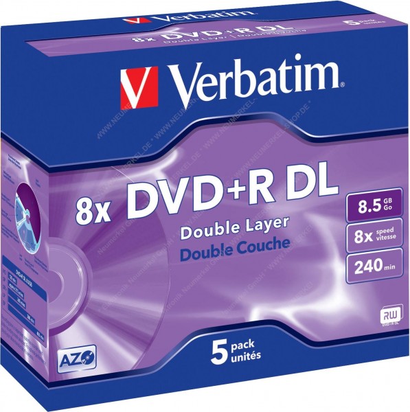 DVD+R DL8.5GB/240Min/8xJewelcase (5 Disc),Verbatim