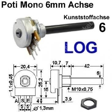 Potentiometer 2,2K / 0,2 W / 6mm Achse / logarit.